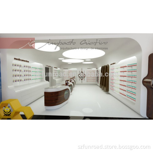 Medicine wooden displays, shelves, counters for pharmacy decoration